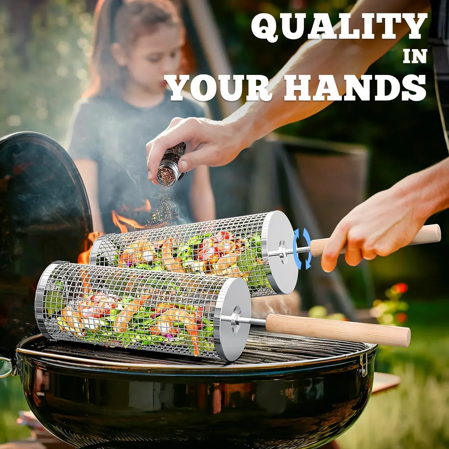 ivtivfu Rolling Grill Baskets 2PCS with Removable Wooden Handles Nesting Design 304 Stainless Steel BBQ Accessories for Vegetables Shrimp Outdoor Camping Kitchen Birthday Gifts for Men Dad Husband - Food
