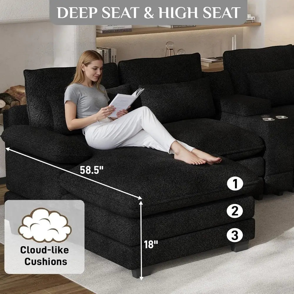 Oversized Plush Chenille Sectional Sofa with Center Console, USB Ports, Cup Holders, Black