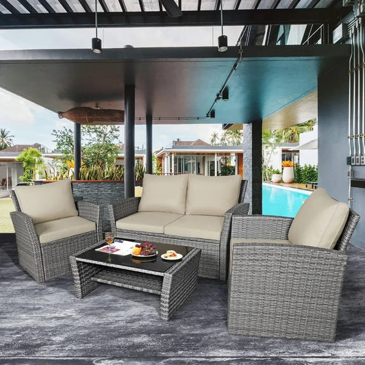 4 Pieces Patio Furniture Set, with Cushions & Tempered Glass Table,  for Backyard Garden Poolside, Wicker Conversation Couch Set