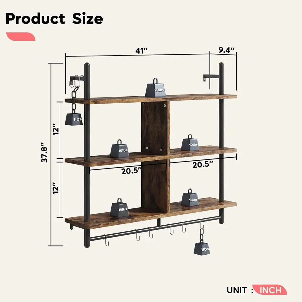 41.5" loating Shelves or Wall 3 Tier Kitchen Shelves Wall Mounted Coee Bar Shel Hanging Shel with 8 Hooks, Industrial Display Pi