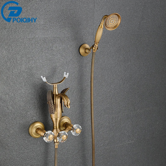 Golden Bath Shower Faucet Set Wall Mounted Swan Bathtub Faucet Bathroom Cold and Hot Bath and Shower Mixer Tap Brass Handshower