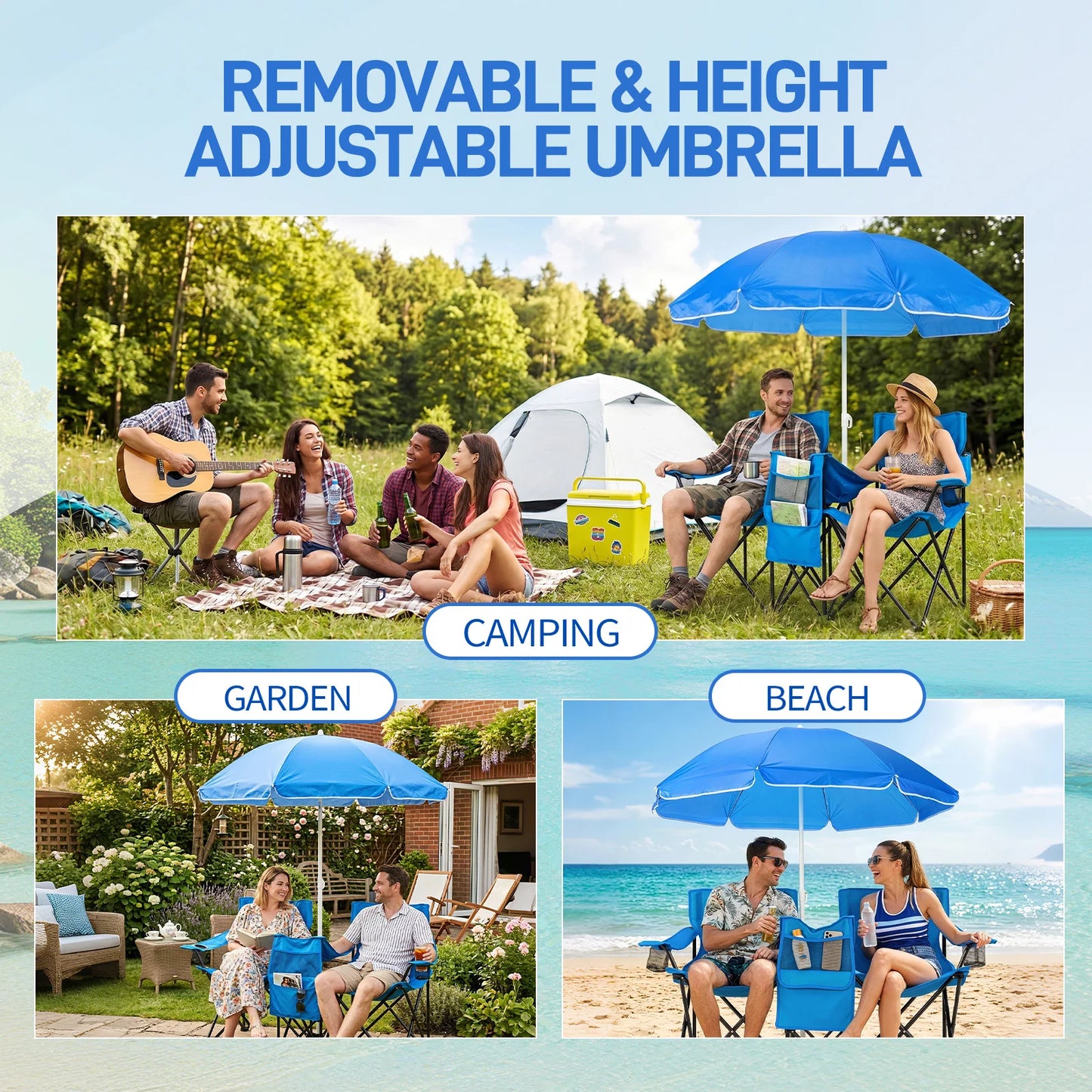 55.91"*19.69"*31.50"Double Folding Beach Chair with Removable Adjustable Umbrella, 2-Person XL Camping Chair with Cooler Bag, Cup Holders, Side Pocket, Heavy Duty 529 lbs Load, Oxford Cloth Iron Frame for Outdoor, Beach, Camp