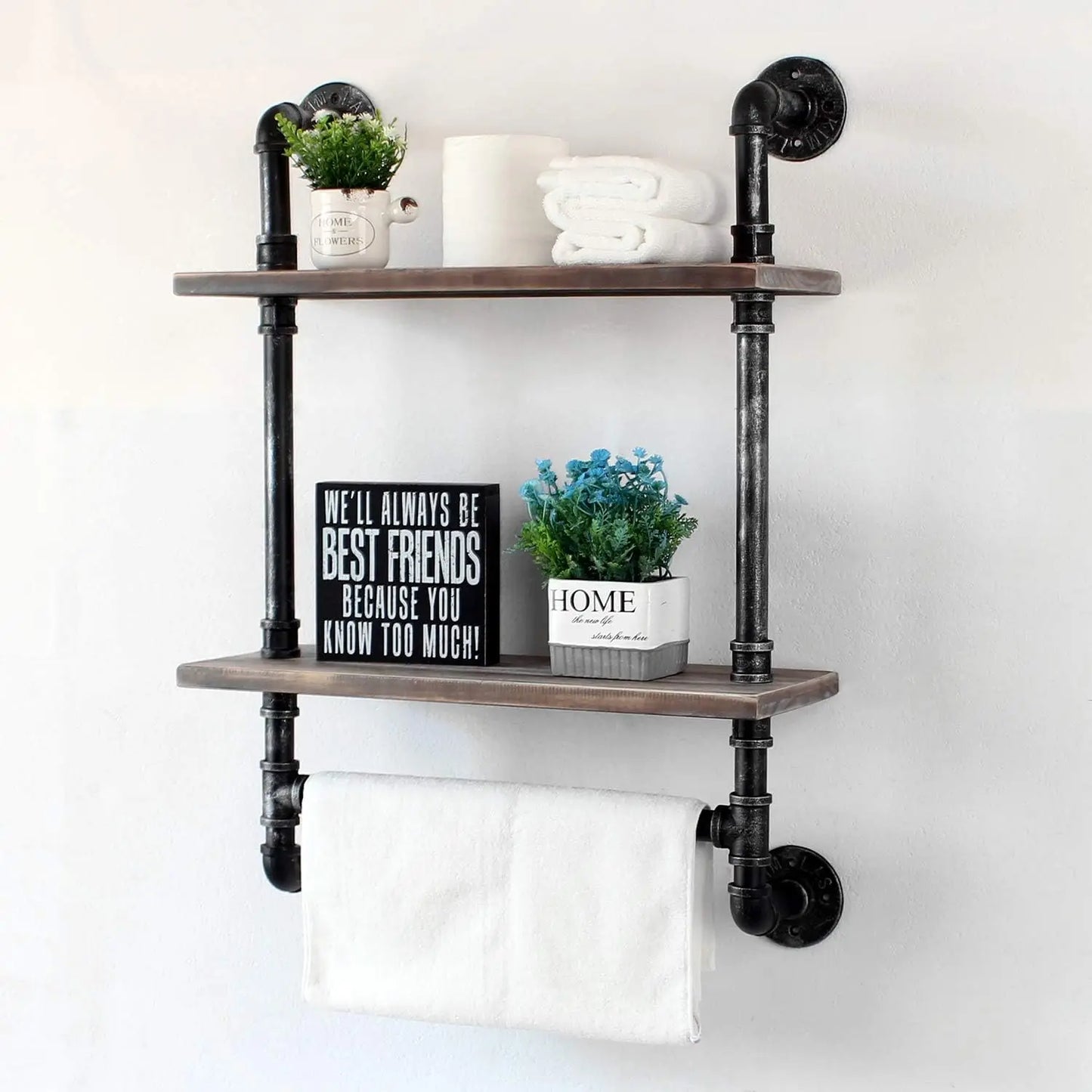 Industrial Pipe Shelf Wall Mounted 2 Tier Rustic Wood Towel Rack Over Toilet Floating Shelves Bathroom Storage