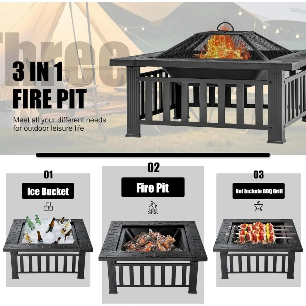 Panovue 32 Inch Square Metal Fire Pit Table - Multifunctional Outdoor Stove for Patio Backyard Garden Camping Heating Bonfire