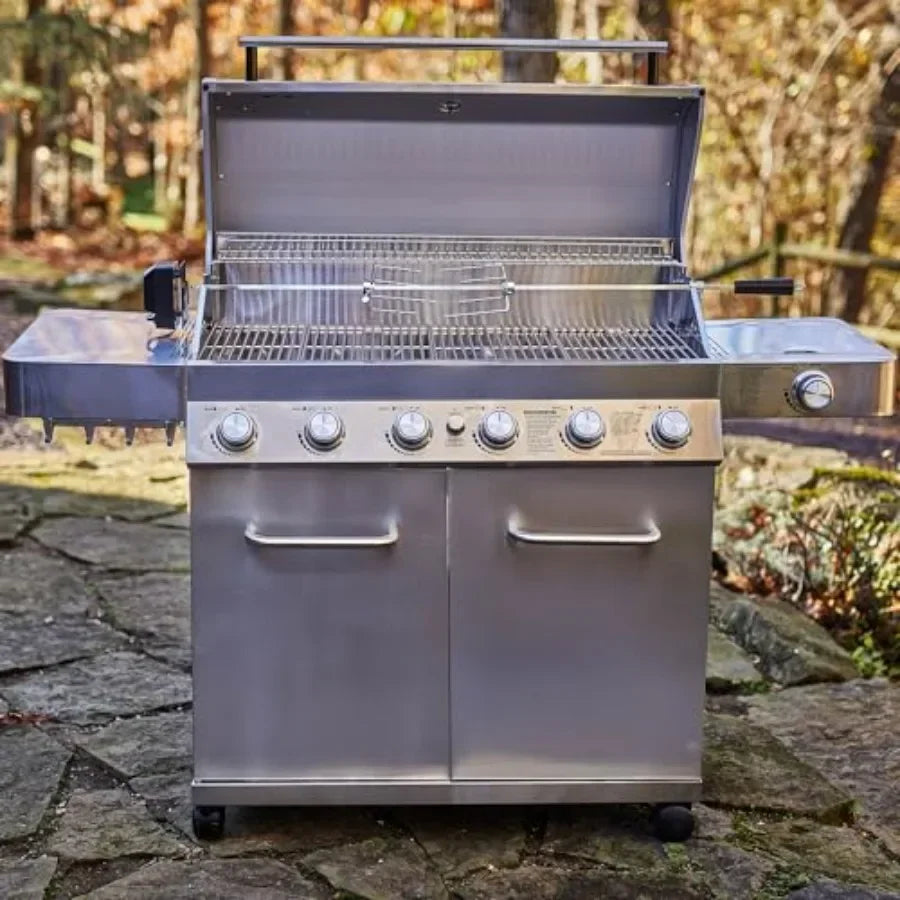 Propane gas grill for outdoor cooking, stainless steel cabinet style, silver, 6+1 burners with knob controls, side burner, buil
