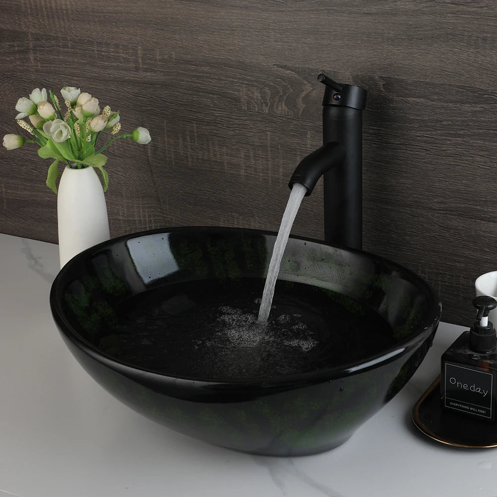 KEMAIDI Oval Vessel Sink with Faucet White Marbling Bathroom Vessel Sinks Above Counter  Ceramic Vessel Sinks for Bathroom Mixer