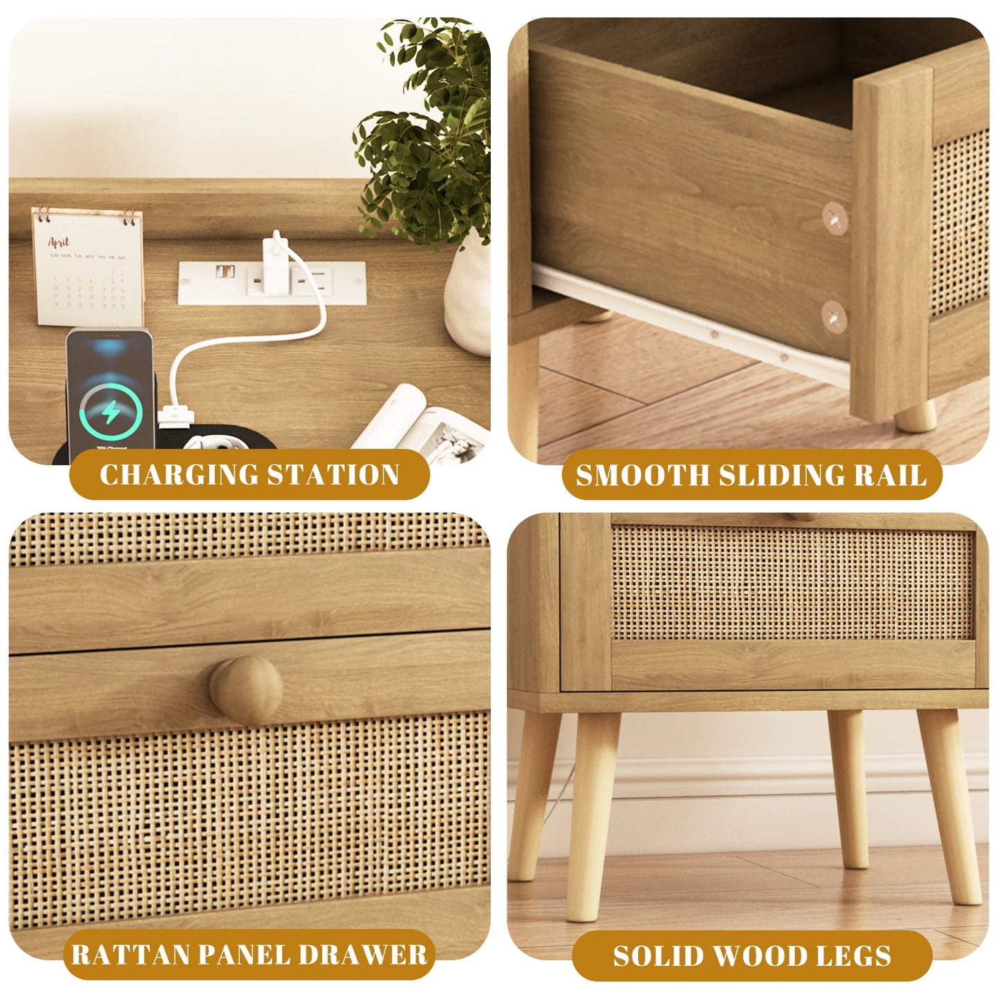 Rattan Nightstand with Charging Station, Rustic Bedside Table with 2 Drawers, Natural Nightstand for Bedroom