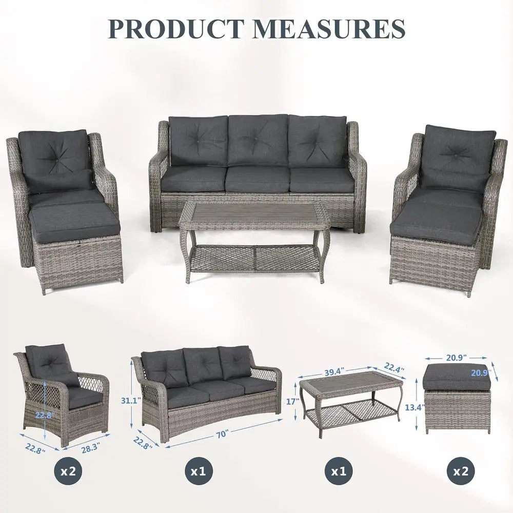 6-Piece Grey Outdoor Wicker Patio Furniture Set with Sectional Sofa, Coffee Table, High Back Chairs, Ottoman, and Cushions for G