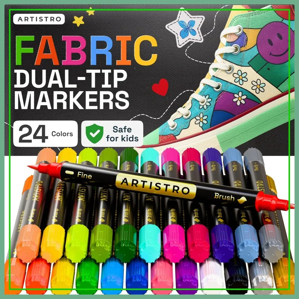 24 Dual-Tip Fabric Markers - Permanent Acrylic Paint Pens for Clothes, Sneakers, Bags, Canvas & DIY Crafts - Brush & Fine Tip