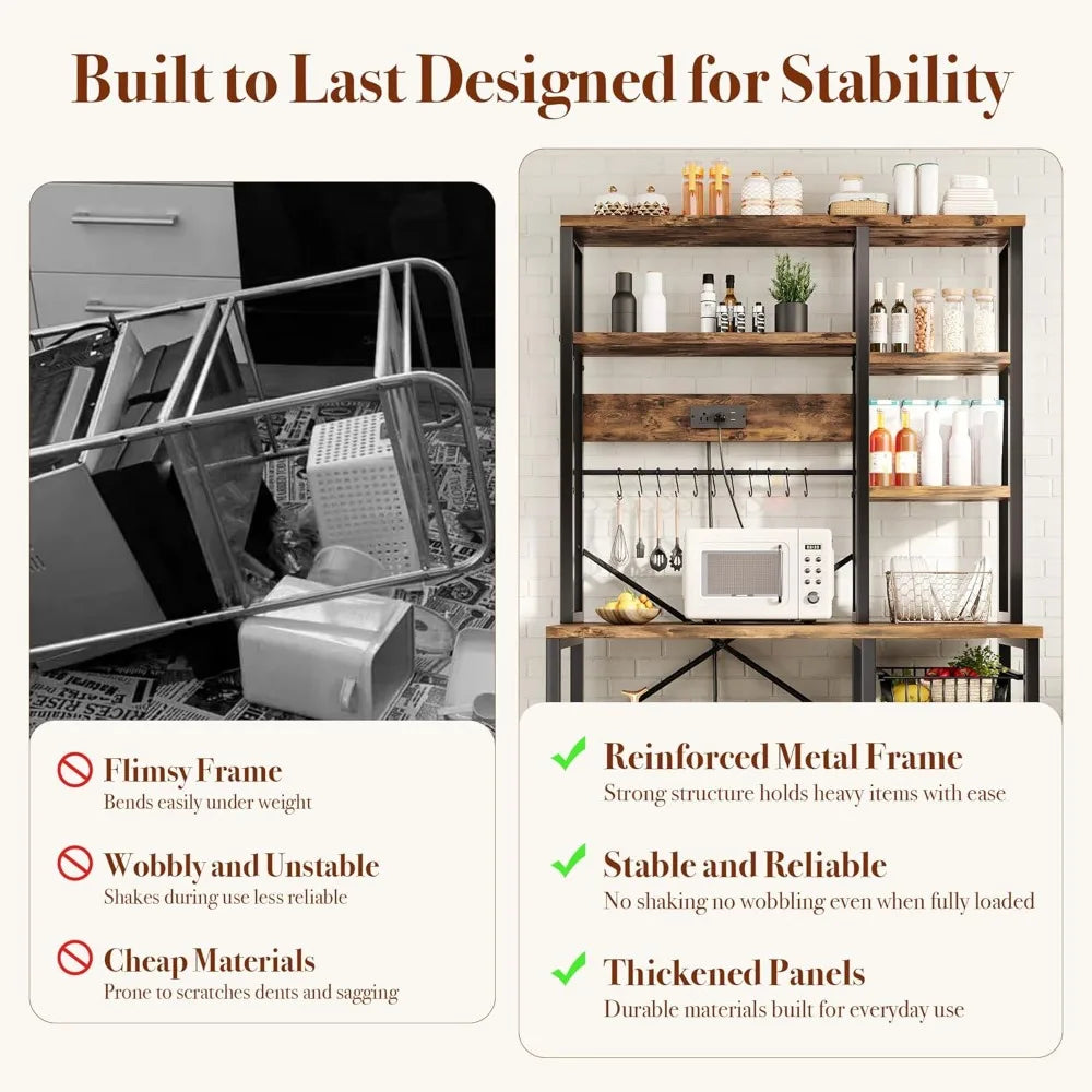 Kitchen Bakers Rack with Storage, 6-Tier Coffee Bar Station with Power Outlet, Microwave Stand with 12 S-Shaped Hooks, Open Kitc