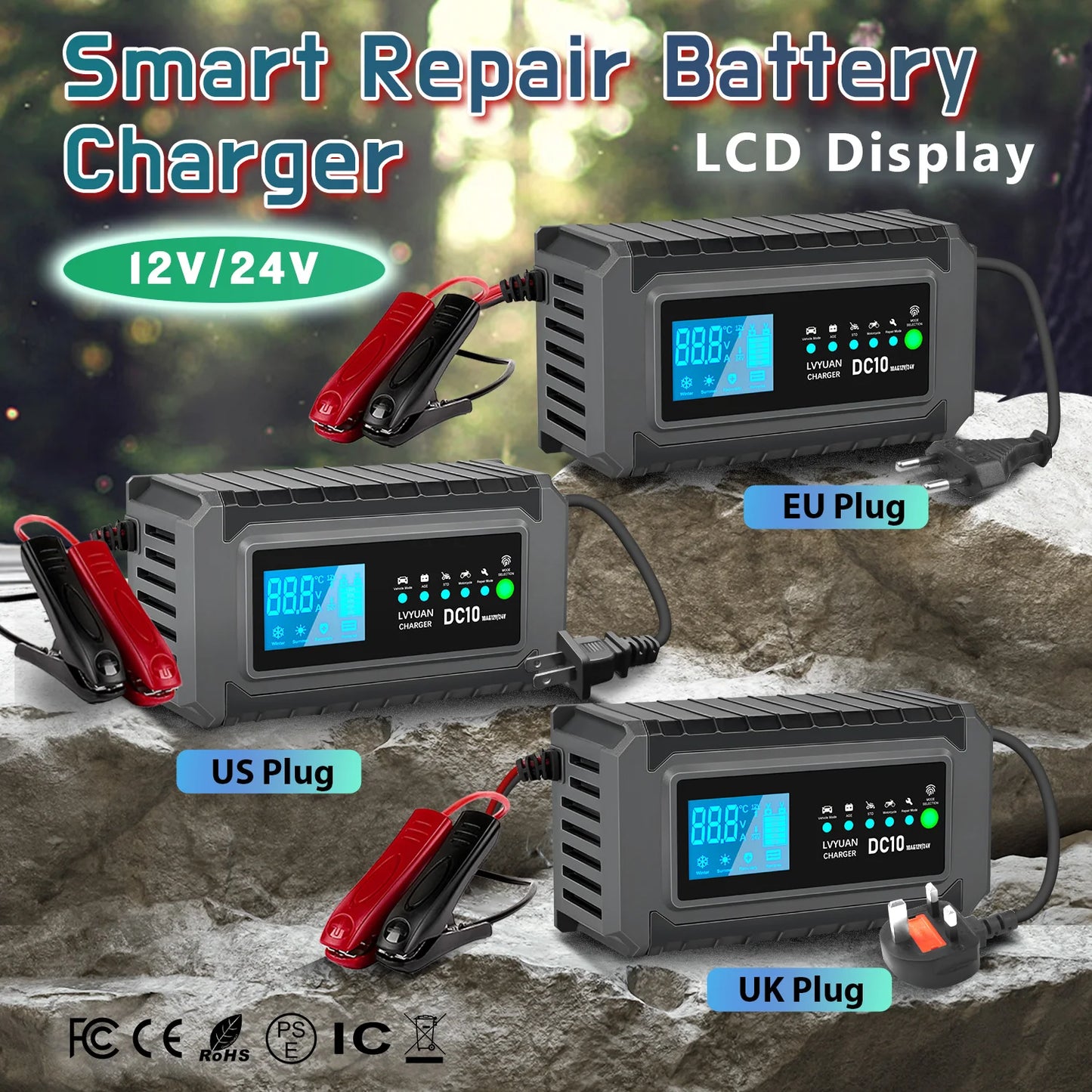LVYUAN Battery Charger 10Amp Current with LCD Display Smart Charging For LiFePO4/battery