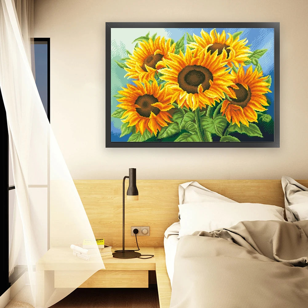 Full Embroidery Beads Printed 11CT Sunflower Cross Stitch Kit Art Decor 65x50cm
