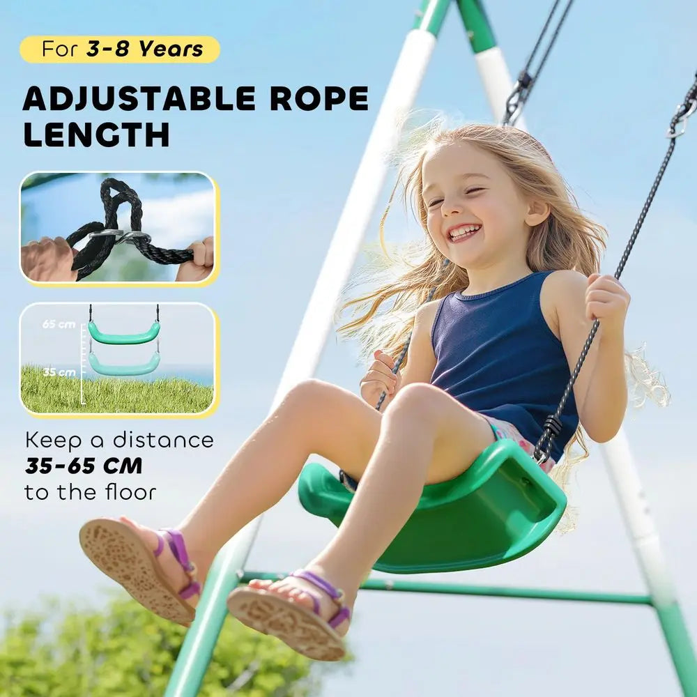 Swing Set for Backyard with Adjustable Seat and Saucer Swing, 5 Slide, Heavy Duty AFrame Metal Stand Outdoor Playground Playset