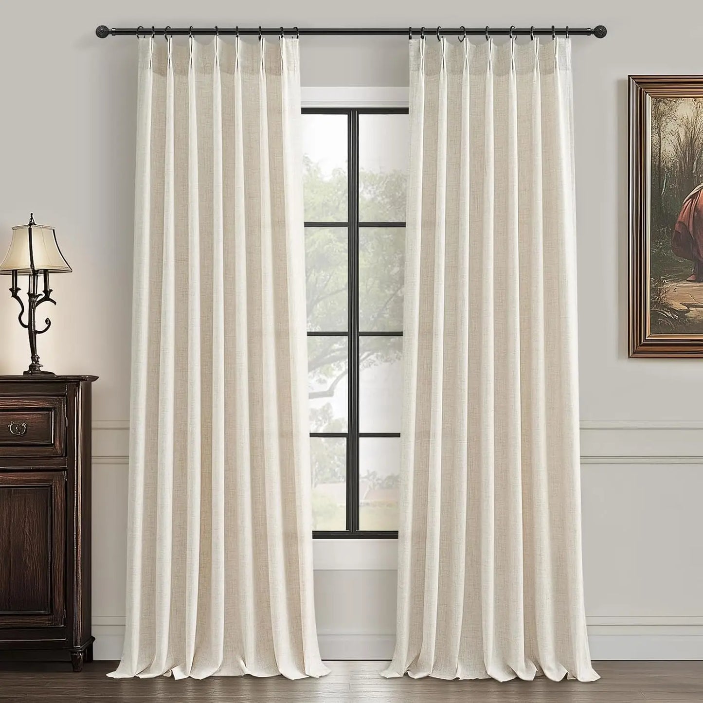 Pinch Pleated Linen Curtains 96 Inches Long, Light Filtering Boho Drape for Living Room Bedroom with Hooks & Rings