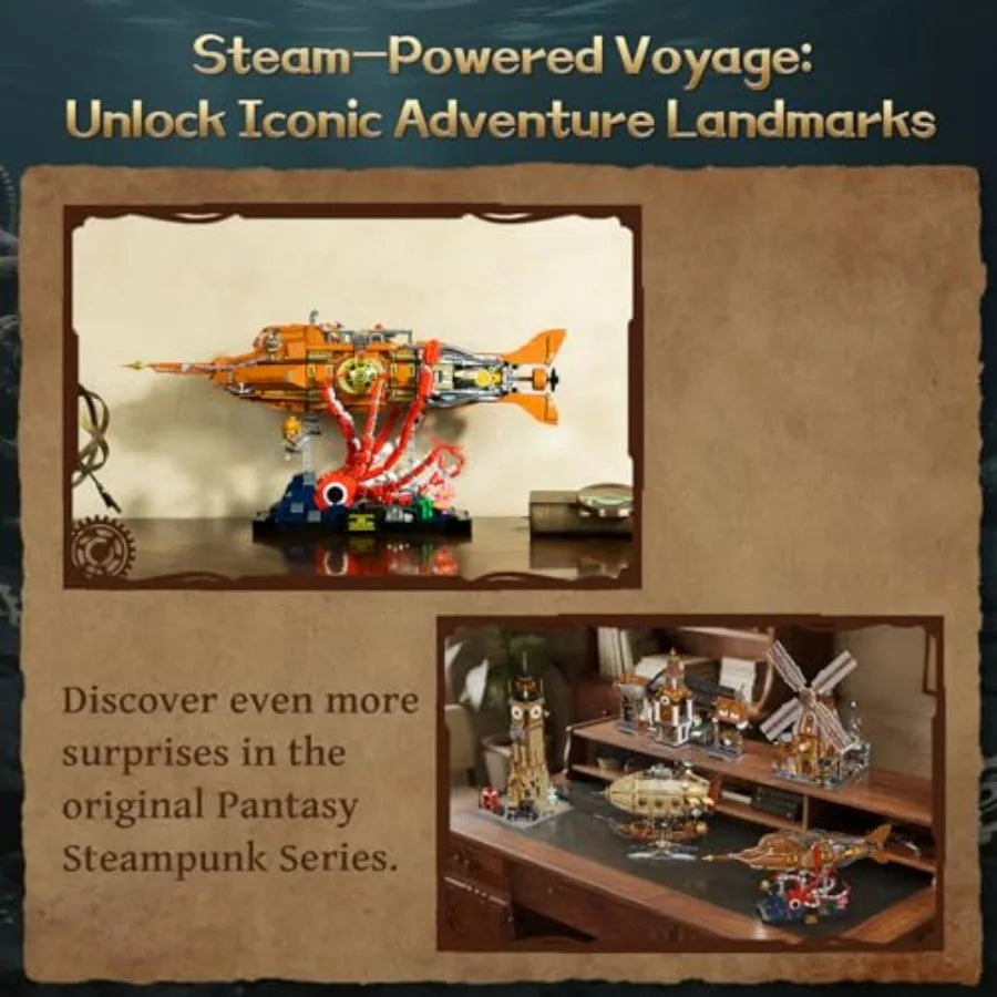 Steampunk Nautilus Submarine Building Set Modular 3-Section Design with Gear-Linked Propeller Mini Boat Undersea Adventure Scen