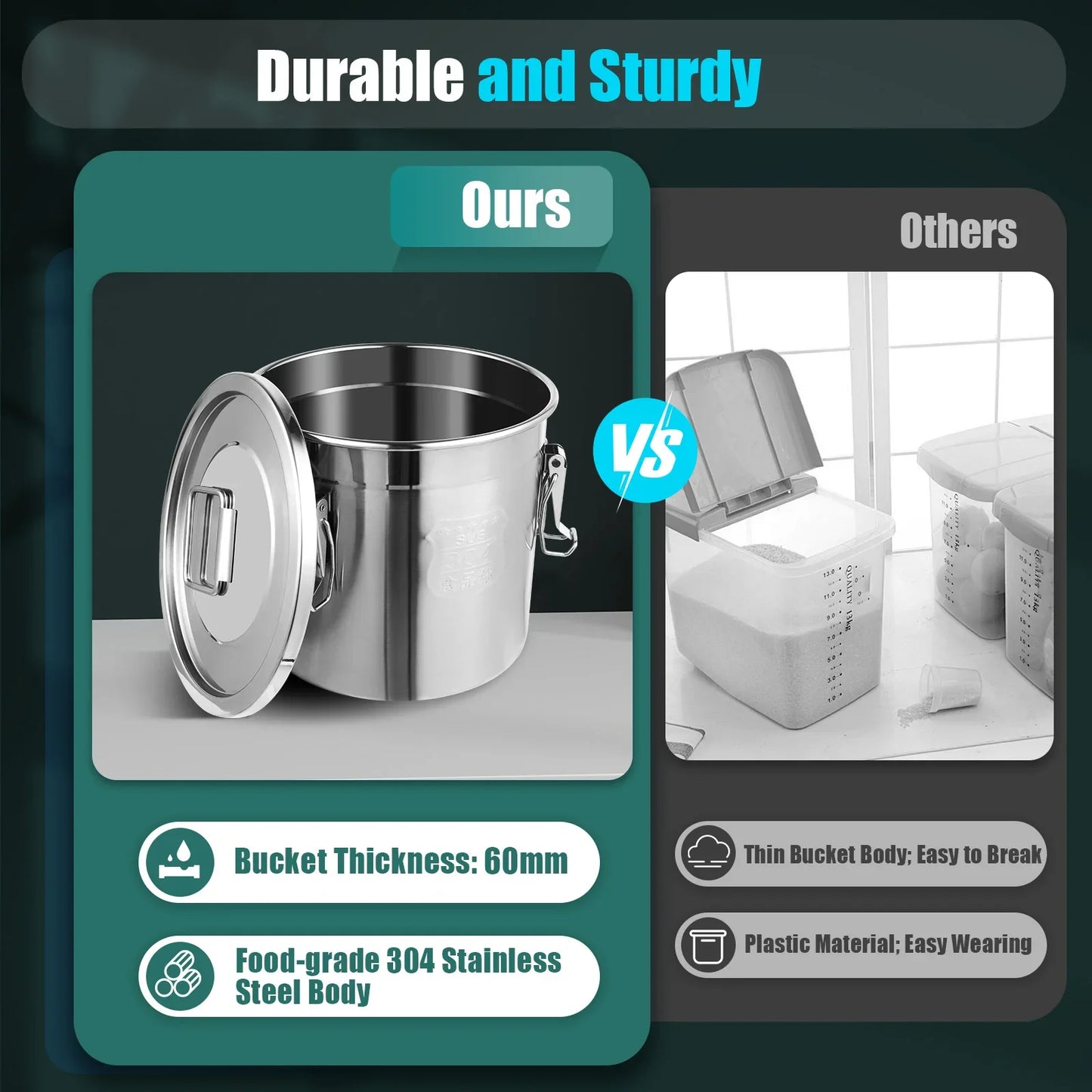 12/33L Airtight Canister 304 Stainless Steel, 3.2Gal Canisters Container w/Lids and Sturdy Locking Clamp,for Rice, Flour, Grain