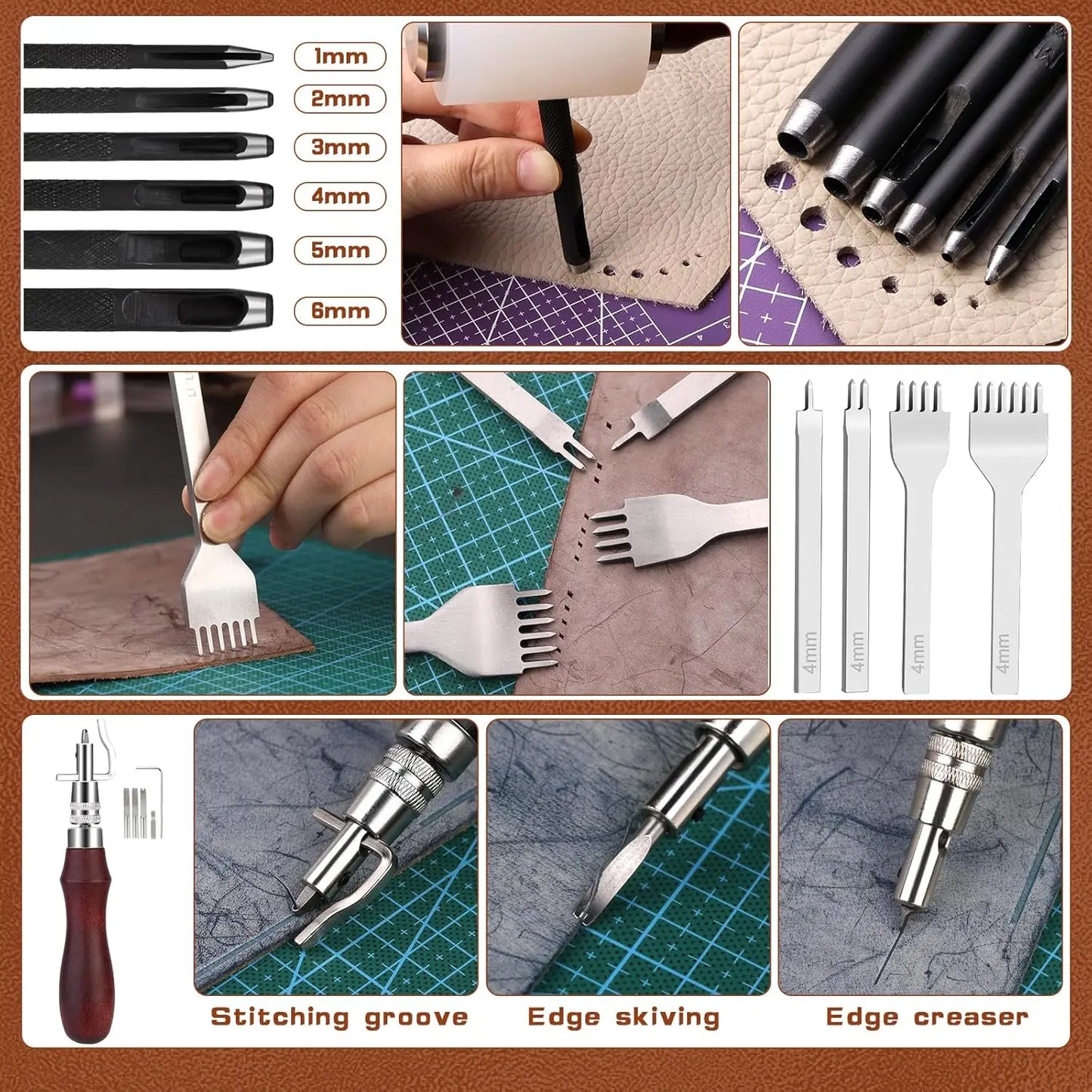 Leather Crafting Tool Kit with Storage Bag for DIY Sewing Carving Punching Stamping, Essential Supplies