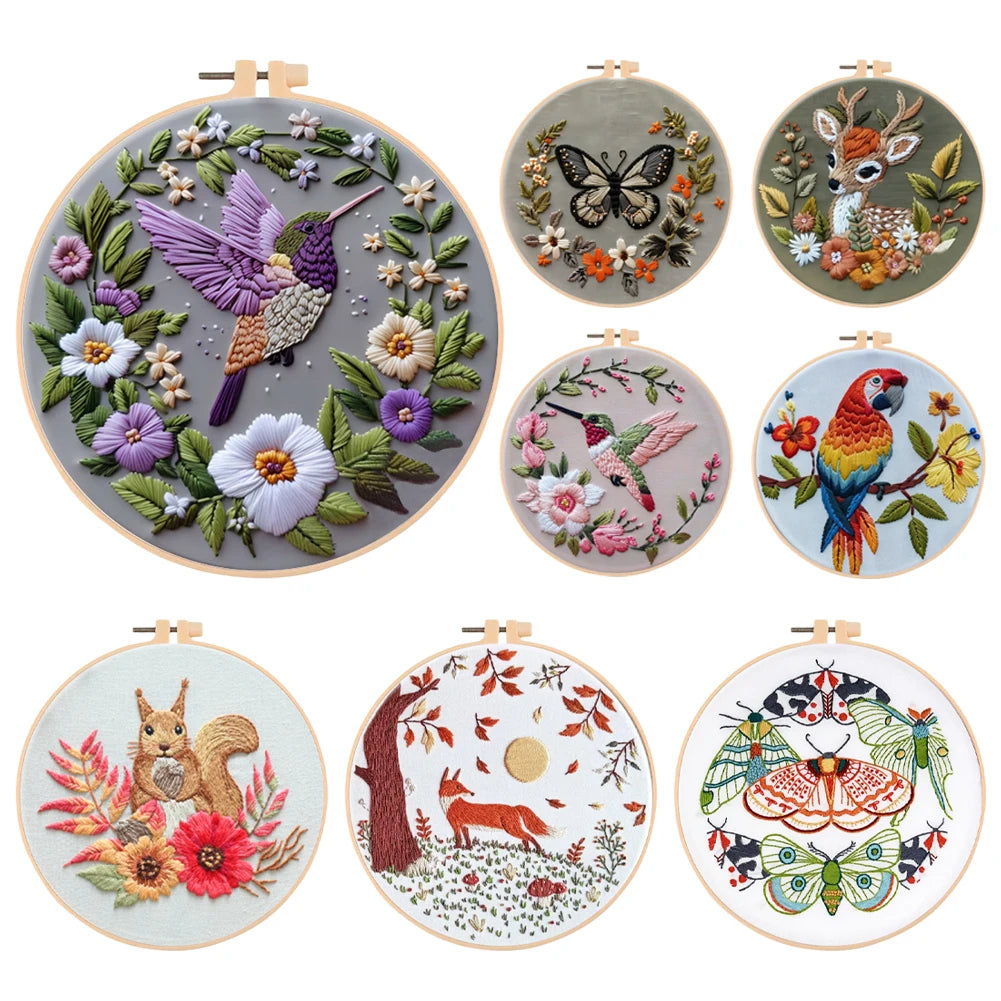 Cute Animal Handmade Embroidery Kit with Pattern Cotton Threads Needles Hoop Handmade Sewing Art Craft Kit for Mom Grandma