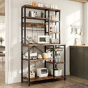 Kitchen Bakers Rack with Storage, 6-Tier Coffee Bar Station with Power Outlet, Microwave Stand with 12 S-Shaped Hooks, Open Kitc