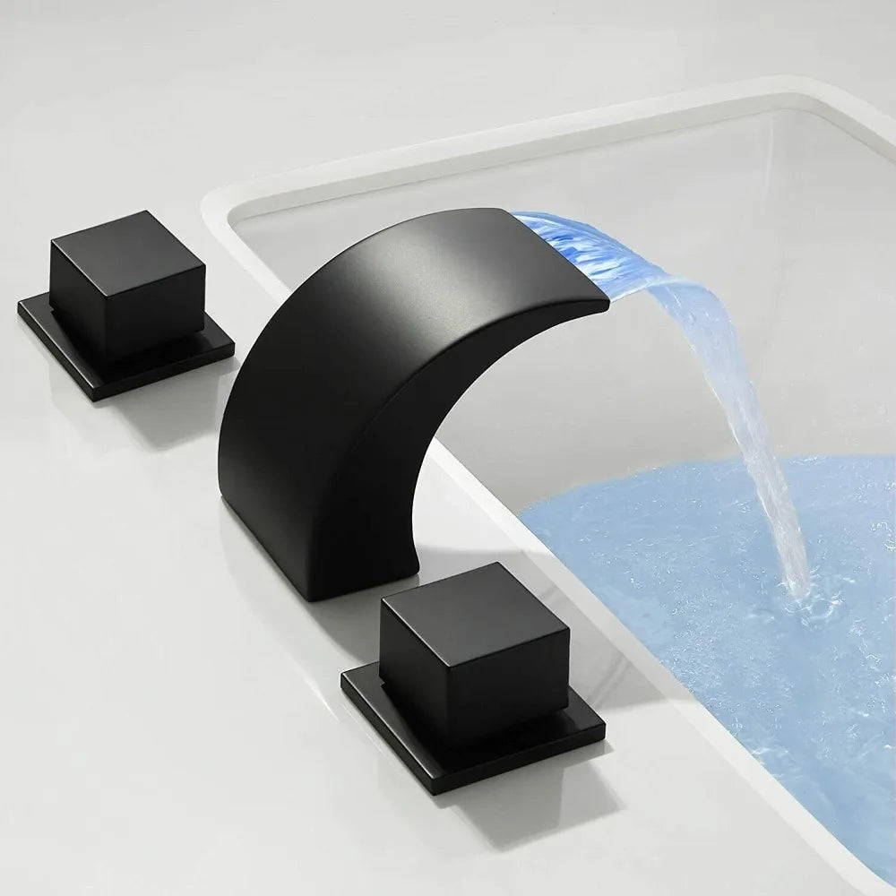 Waterfall Spout Bathroom Sink Faucet 3 Holes 2 Knobs Vanity Basin Mixer Faucet
