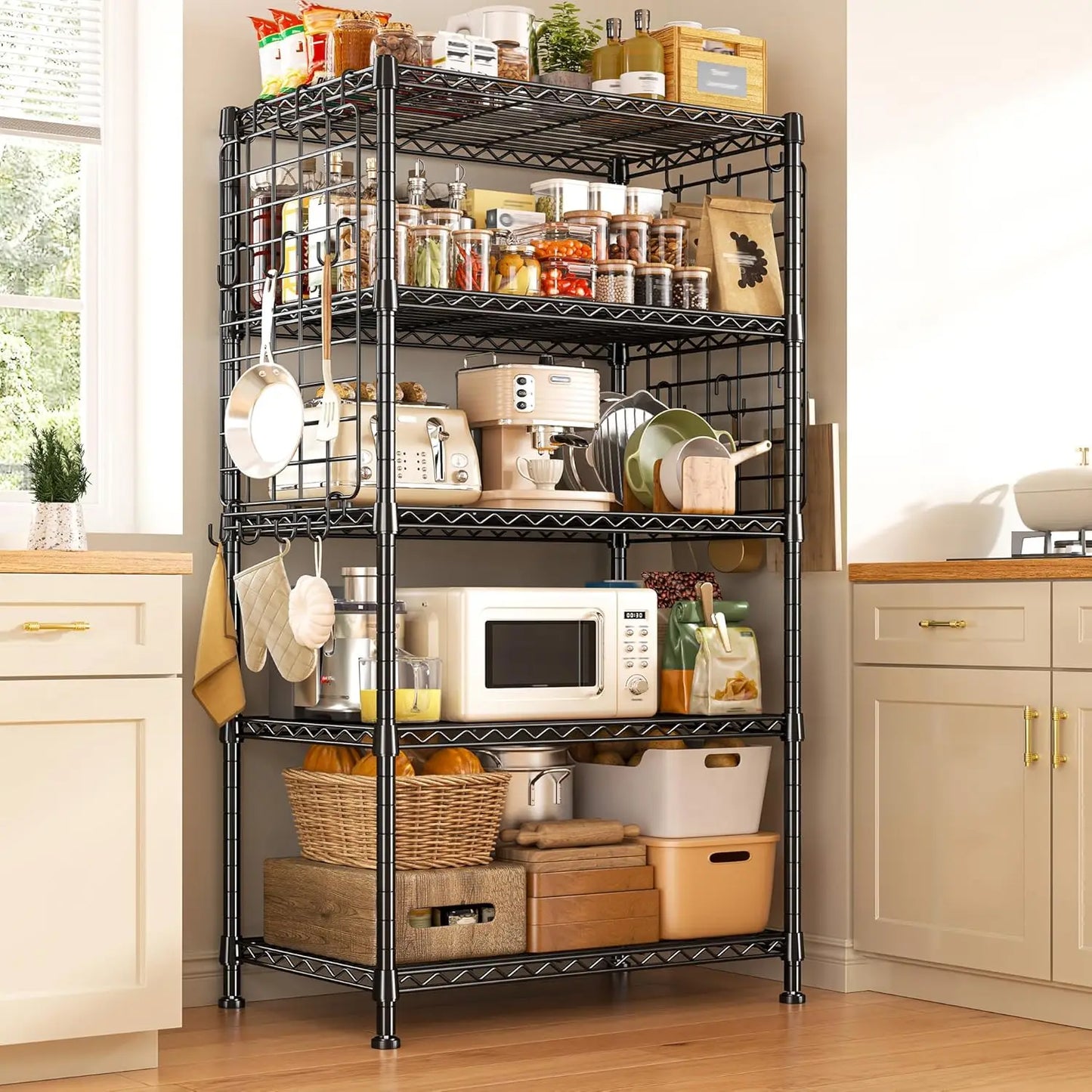 5 Tier Metal Shelving with Side Hanging Net Hooks, Adjustable Storage Shelves,530LBS Wire Shelving for Kitchen,Customized