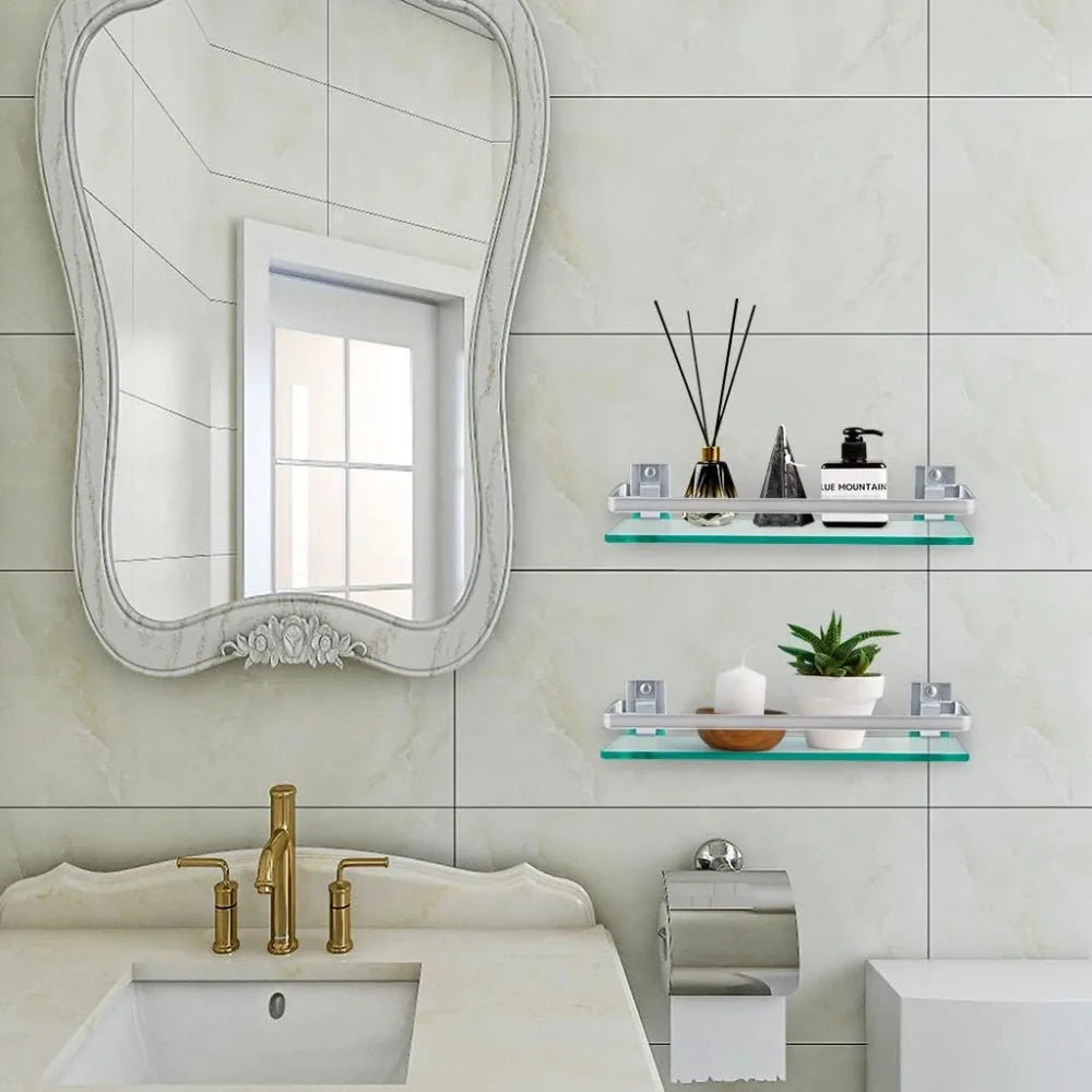 2-Pack Tempered Glass Bathroom Shelf with Rail, 15" x 4.5" Rectangular Shower Caddy, Wall Mounted Floating Shampoo Holder for La
