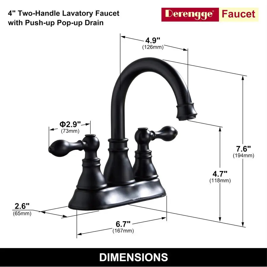 Handle Bathroom Sink Faucet Matte Black 3 Hole with Overflow Pop up Drain, 360 Swivel Spout, Centerset Lavatory Faucet, F4501MT