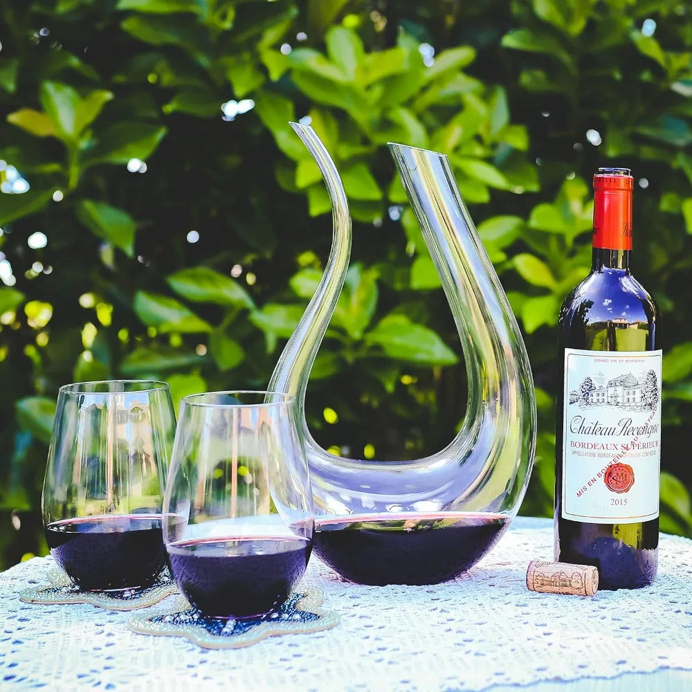 Wine Decanter, 100% Hand Blown Lead-free Crystal Glass Red Wine Carafe U Shape Wine Aerator