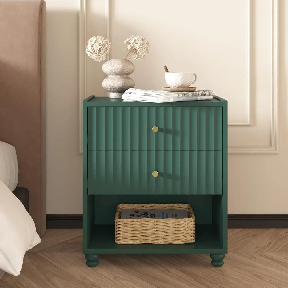 Modern Nightstand Set of 2, Fluted End Table with Open Shelf, Night Stand with 2 Drawers for Bedroom (Green), Customized