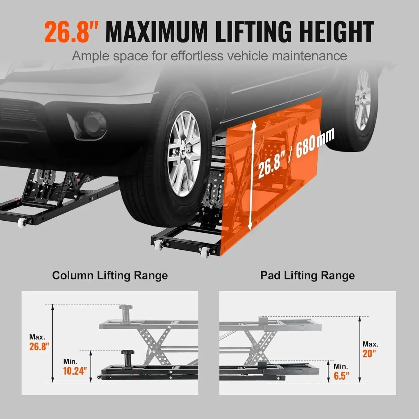 Bestseller7000 LBS Capacity Portable Car Lift, 26.8" Max. Height, with Extended-Length Plates, Heavy-Duty Carbon Steel Truck
