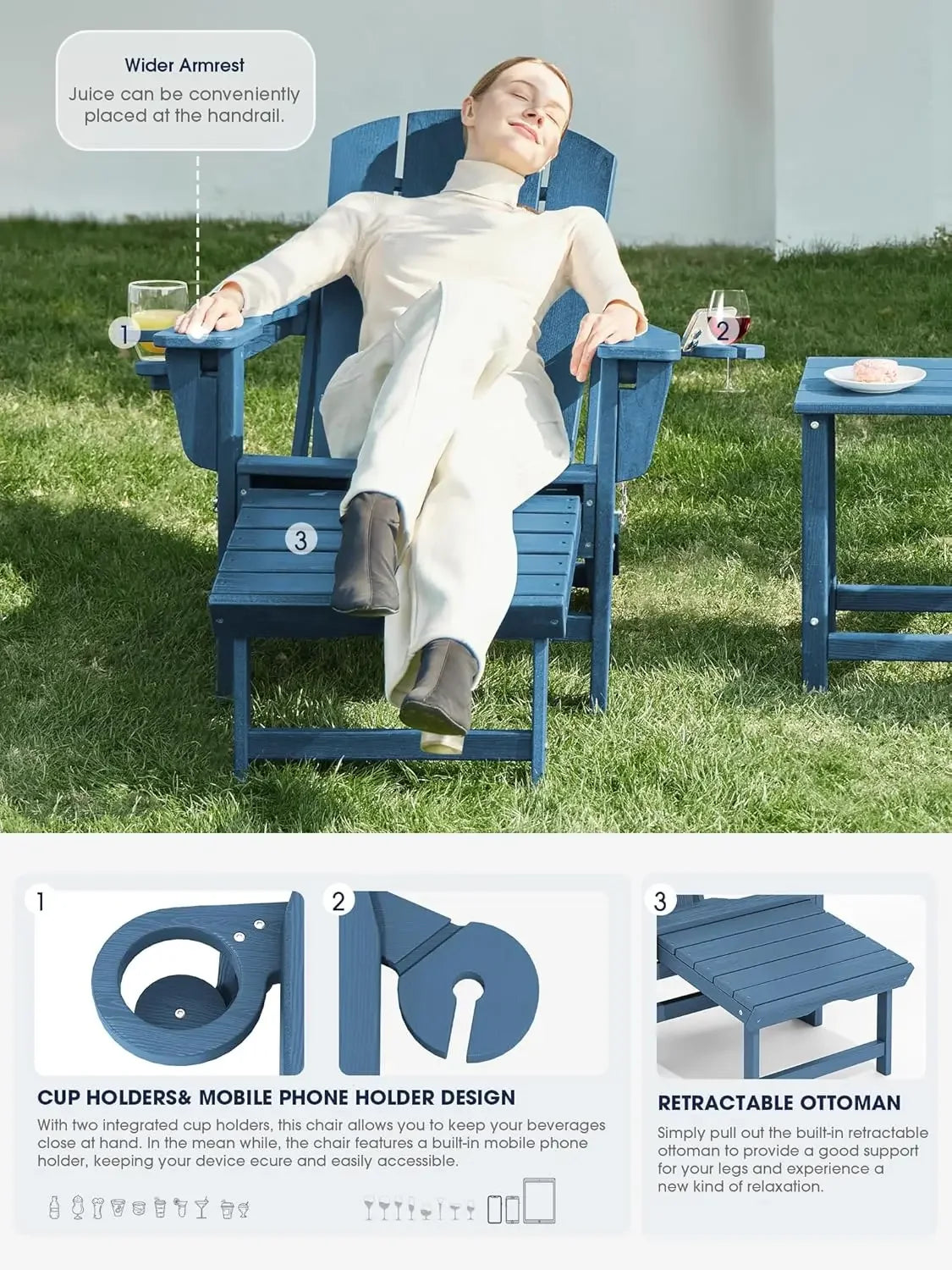 Folding Adjustable Adirondack Chairs with Ottoman & 2 Cup Holders Set of 2, HDEP Multifunctional Adirondack Chair with Footrest