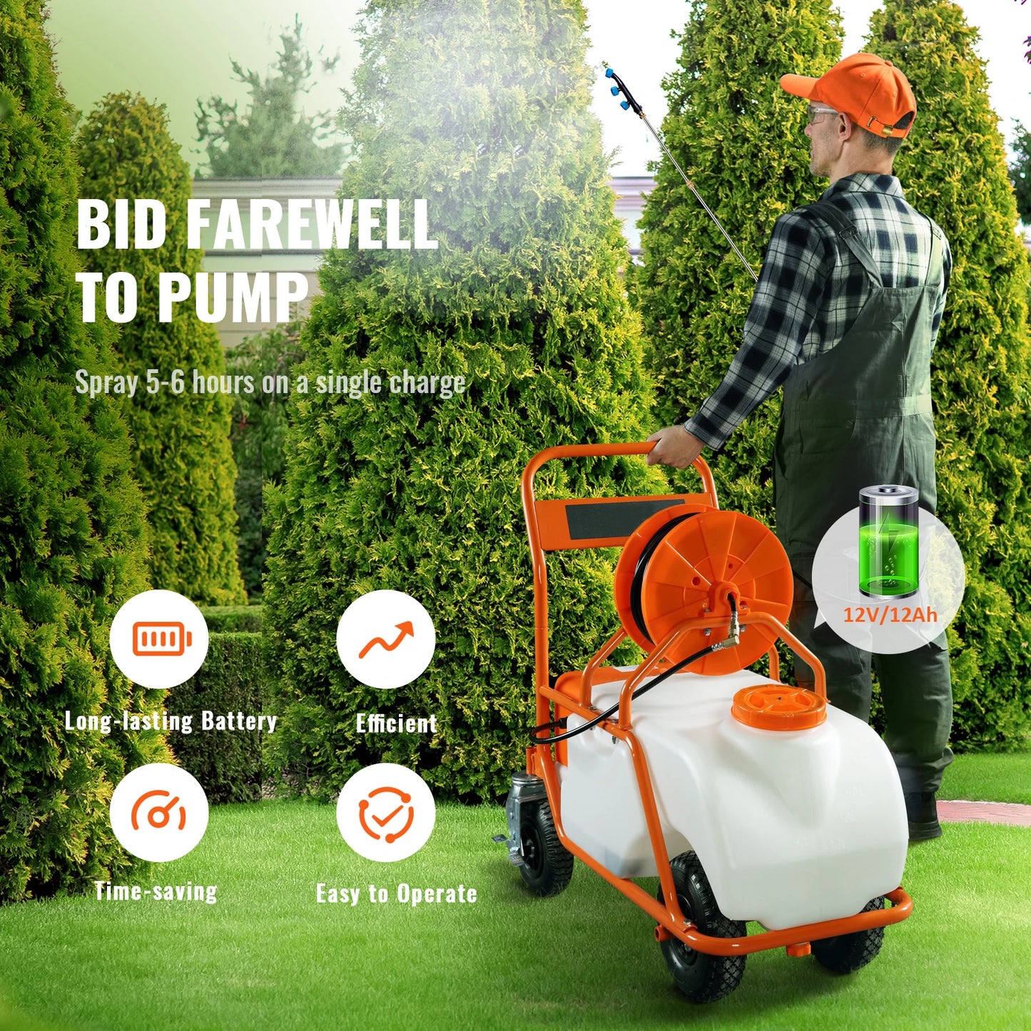 SucceBuy Battery Powered 15 Gal Garden Weed Sprayer with Wheeled Cart 126FT Hose with Reel 8 Nozzles 2 Wands with Lock for Crop