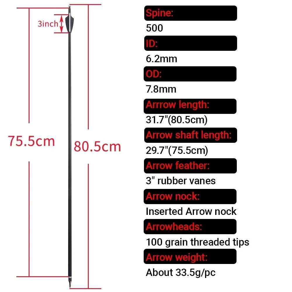 30'' Mixed Carbon Arrow Archery Spine 500 Arrow 3" Rubber Vane 100gr Tip Bow ID 6.2mm OD 7.8mm Hunting Shooting Accessories
