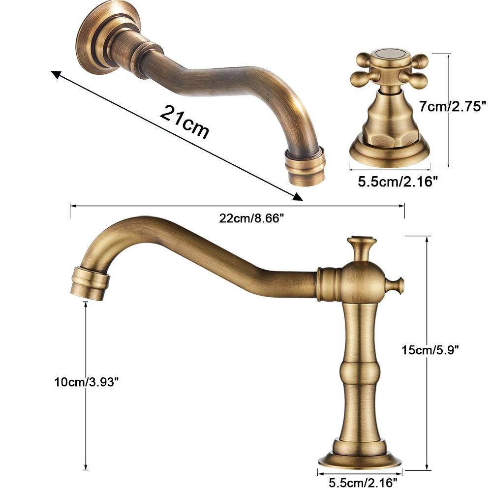 POIQIHY Antique Brass Bathtub Mixer Taps 3 pcs Basin Faucet Dual Handles Hot and Cold Tap Wall Mounted Basin Faucet