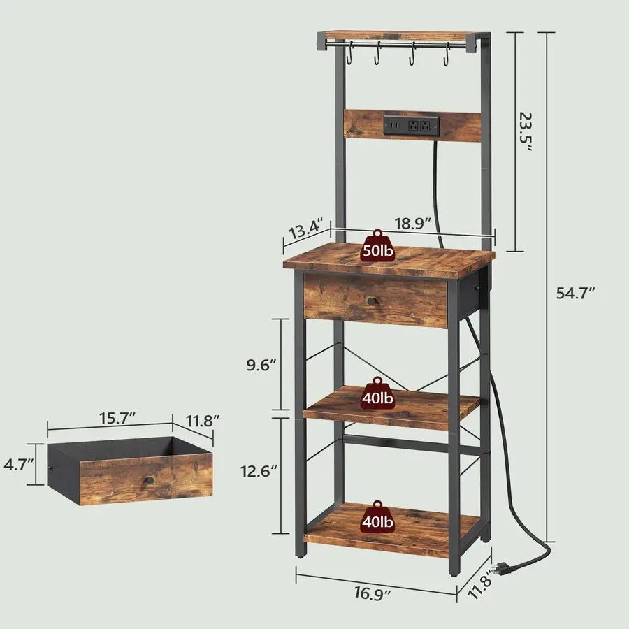 Rack with Drawer, Microwave Stand with Power Outlet, Coffee Bar Station with 4 Hooks, Kitchen Storage Shelf Rack 4 Tiers, for Ki
