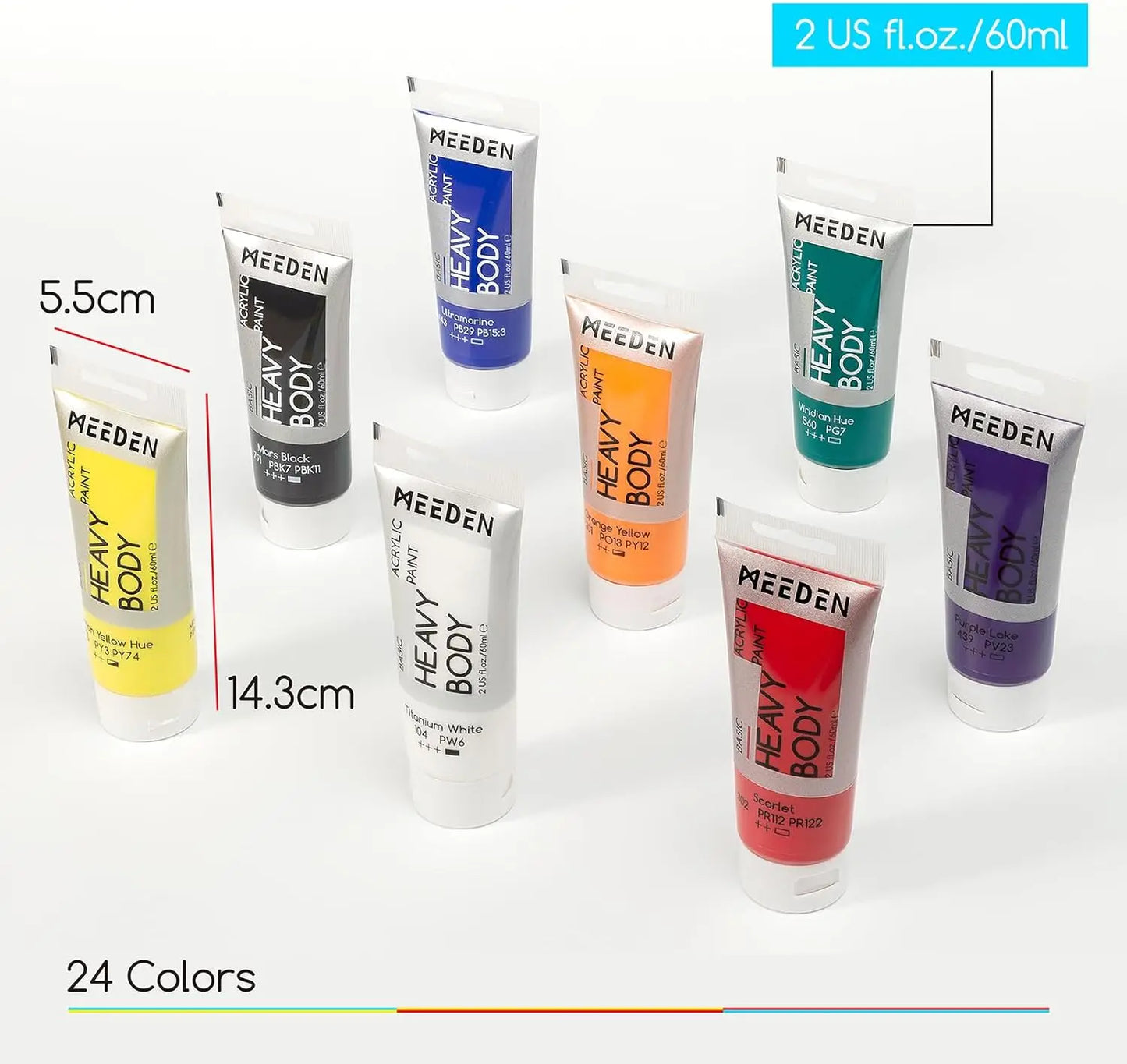 Heavy Body Acrylic Paint Set, 24 x 60ml (2 oz) Satin Finish for Adults, Rich Pigment Art Craft Paints for Canvas Clay Wood