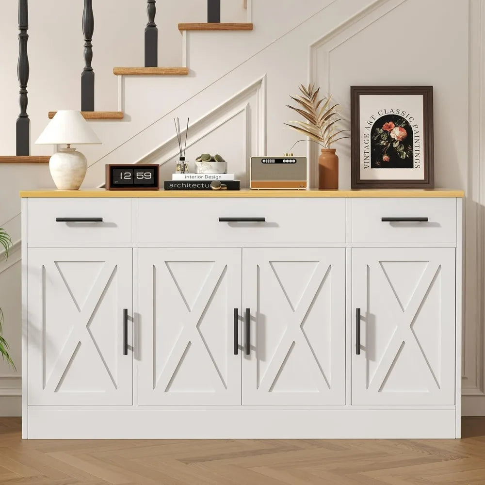 Vongrasig Farmhouse Buffet Cabinet Drawers Adjustable Shelves Large Sideboard Kitchen Dining Room Storage White