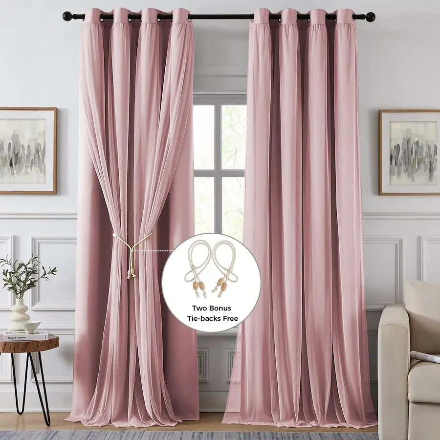 Blackout Curtains for Bedroom, Double Layer Pink Curtains, Black Out Curtain 84 inch Long with Sheer Overlay for Living Room, Ro