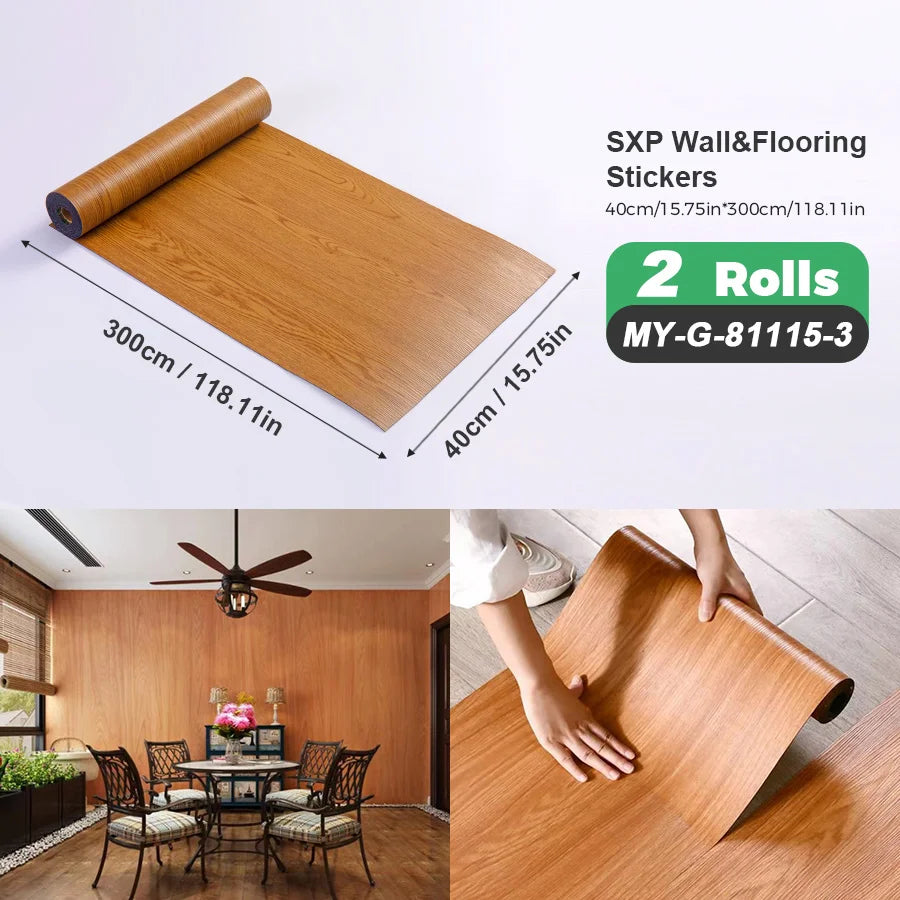 2 Rolls Self-Adhesive Wall and Floor Sticker Peel and Stick 15.75x118.11inch Wood Grain and Marble Design Wallpaper Sticker