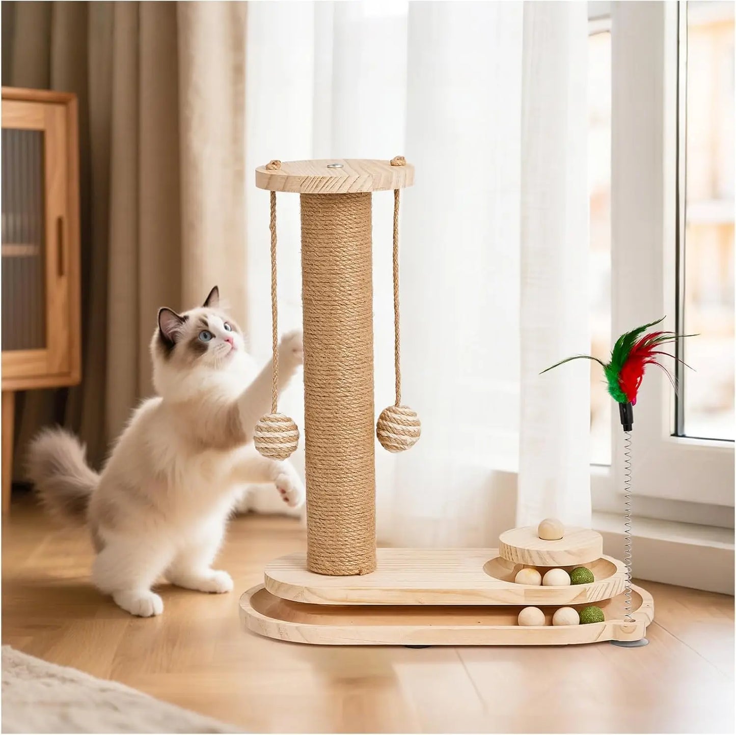Sisal Cat Scratching Post for Indoor Cats with 2-Tier Ball Track, Interactive Kitten Toy Set with Teaser Wand and Rolling Balls