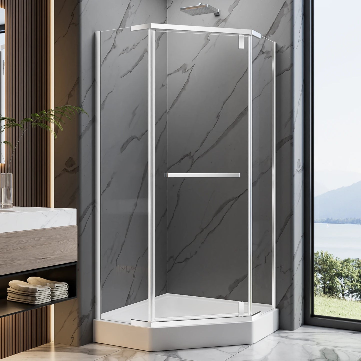 36"D x 36"W x 72"H Neo-Angle Shower Door, 1/4" SGCC Tempered Glass with Explosion-Proof Film, Chrome Stainless Steel Frame