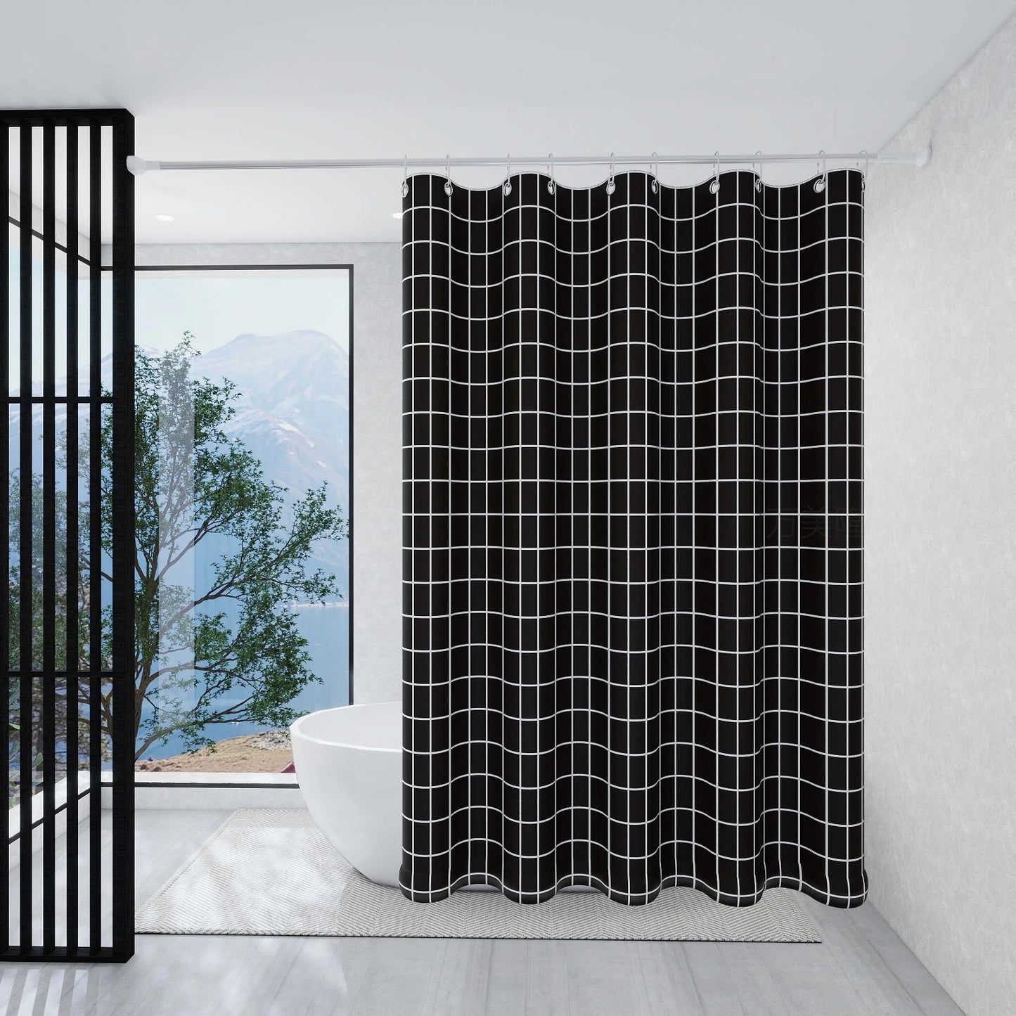 High - Quality Black Grid Design Polyester Shower Curtain, Perfect for Bathroom Decoration