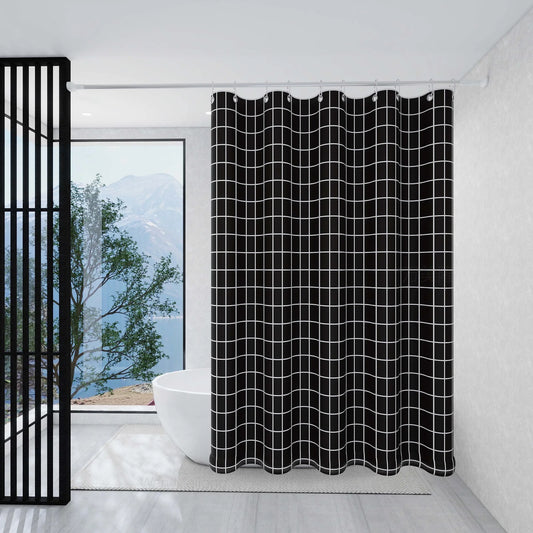 High - Quality Black Grid Design Polyester Shower Curtain, Perfect for Bathroom Decoration