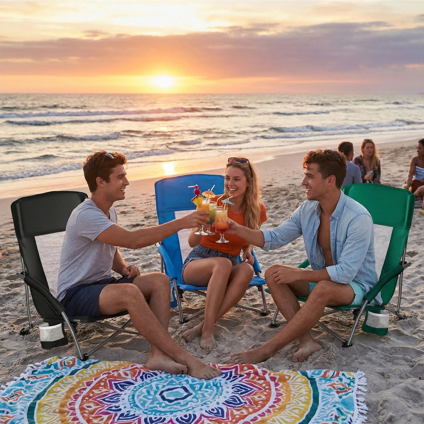 JHK Portable Lightweight Low Camping Beach Chair Mesh Back Padded Armrests Folding Beach Chair with Cup Holder Storage Pocket for Camp Picnic Lawn