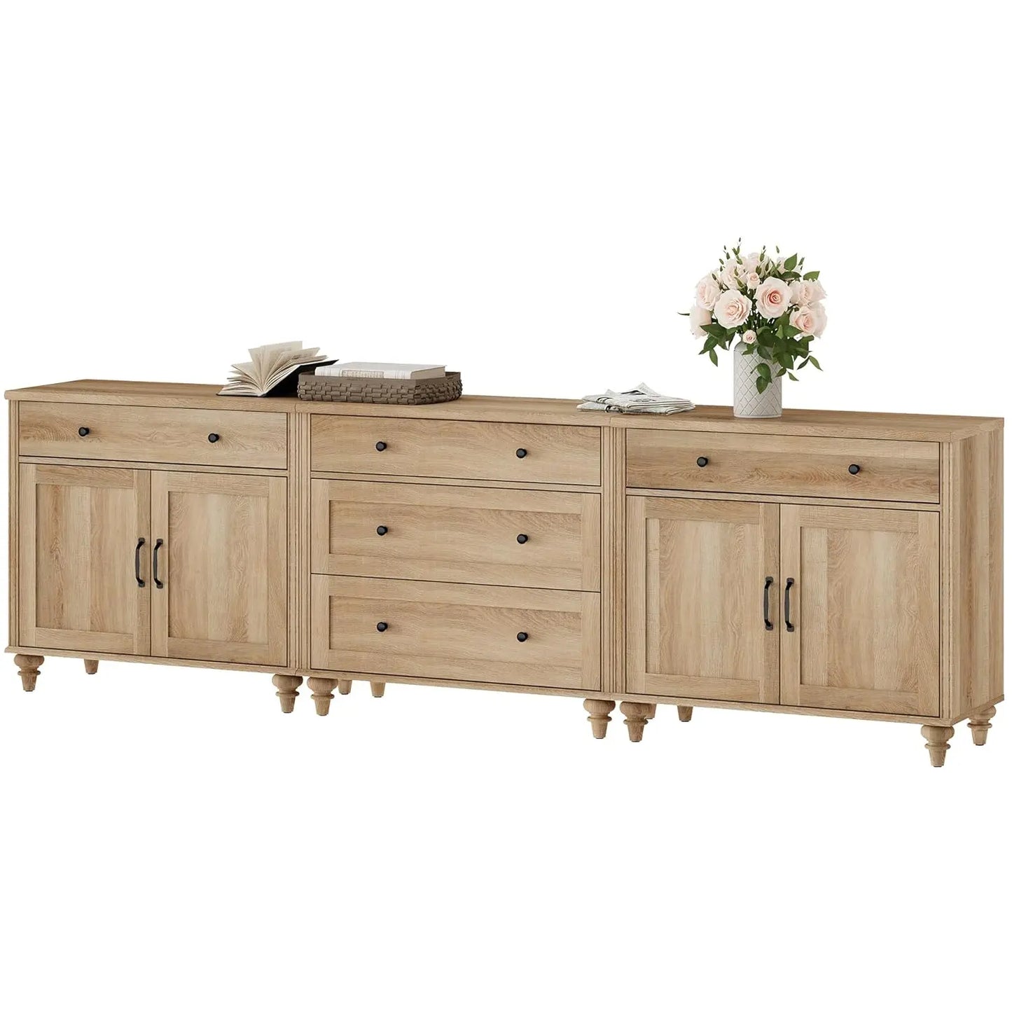 Sideboard Cabinet with 5 Drawers and 4 Doors, Vintage Wood Grain Design, Buffet Cabinet with Storage, Coffee Bar, Customized