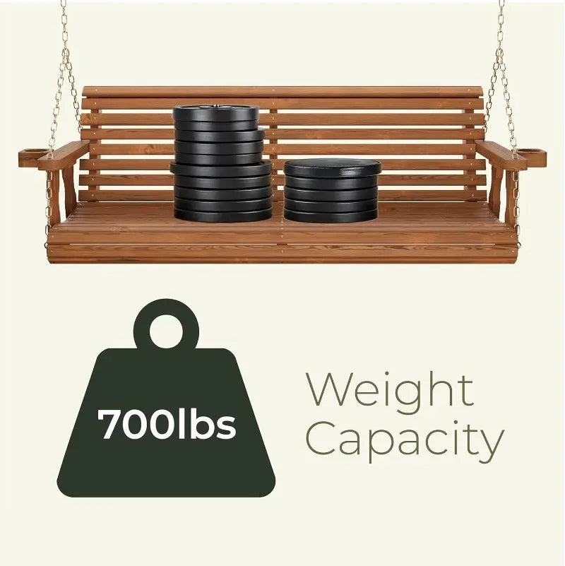 Amish Casual Heavy Duty 700 Lb Capacity Porch Swing with Cup Holders (4 Foot, Cedar Stain) – Wooden Outdoor Roll Back Swing