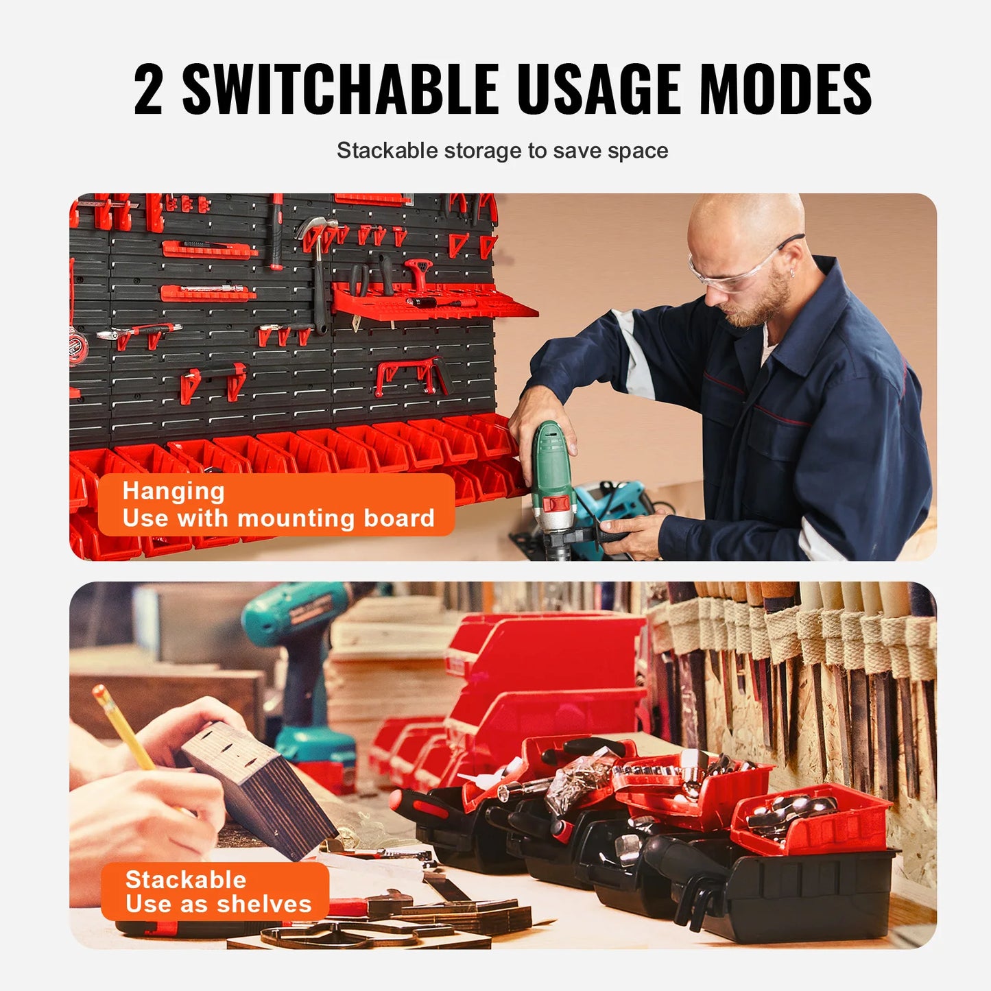 SucceBuy 30Bin Wall Mounted Storage Bins Parts Rack Organizer Garage with Wall Panels Hooks Plastic Shop Tool for Screw Nails