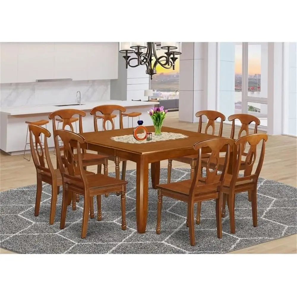 Dining Room Sets，9-Piece Dining Set: Square Wooden Table with 8 Chairs, 54x54 Inch, Brown