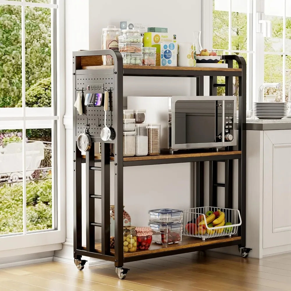 Kitchen Bakers Rack with Power Outlet,With pegboard Bakers Racks, Free Standing Kitchen Storage Shelf Rack, for Living Room, Din