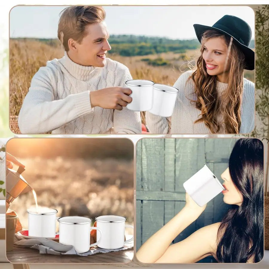 24 Pcs Enamel Mug White Camping Coffee Mug with Handle Silver Rim Portable Drinking Cup Metal Round Camp Enamel Cup for Tea and